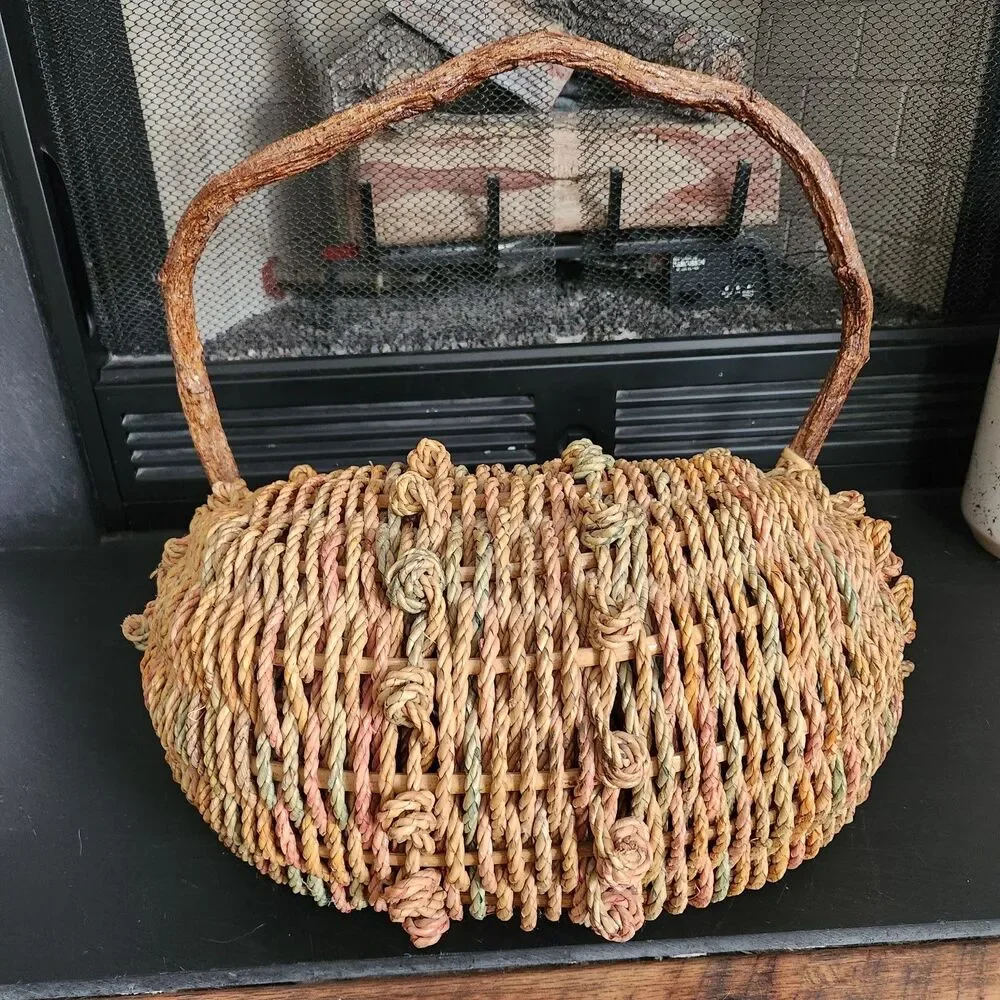 Vintage Rustic Folk Art Driftwood Handle Gathering Basket Large Woven Cottage